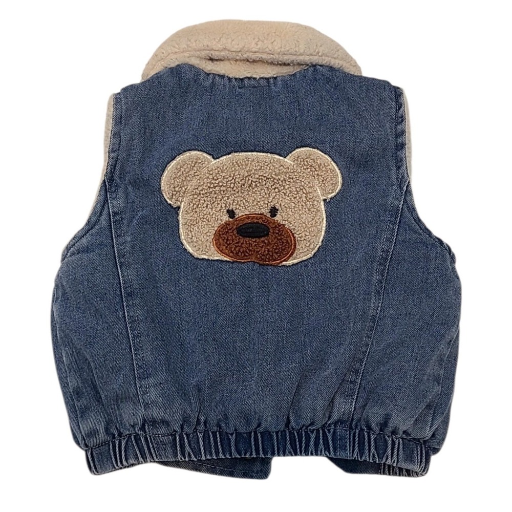 Teddy Bear Applique Kids Denim Vest Fleece Lined Size 3-4 Unisex Casual Fall